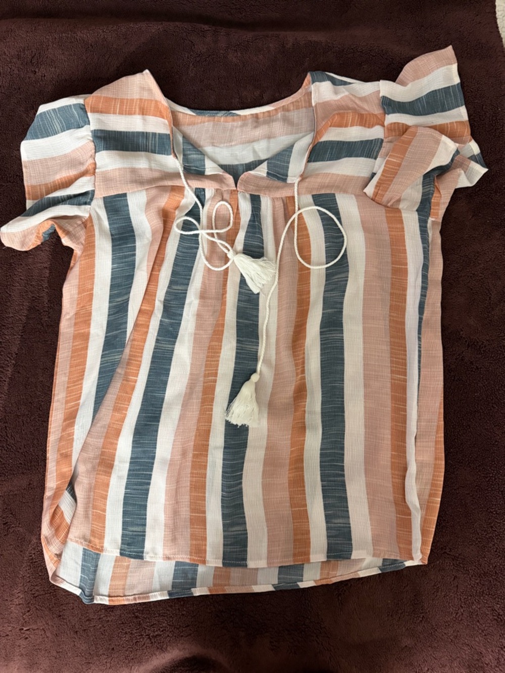 SHEIN Striped Tassel Tie Blouse in Peach, Blue & White
